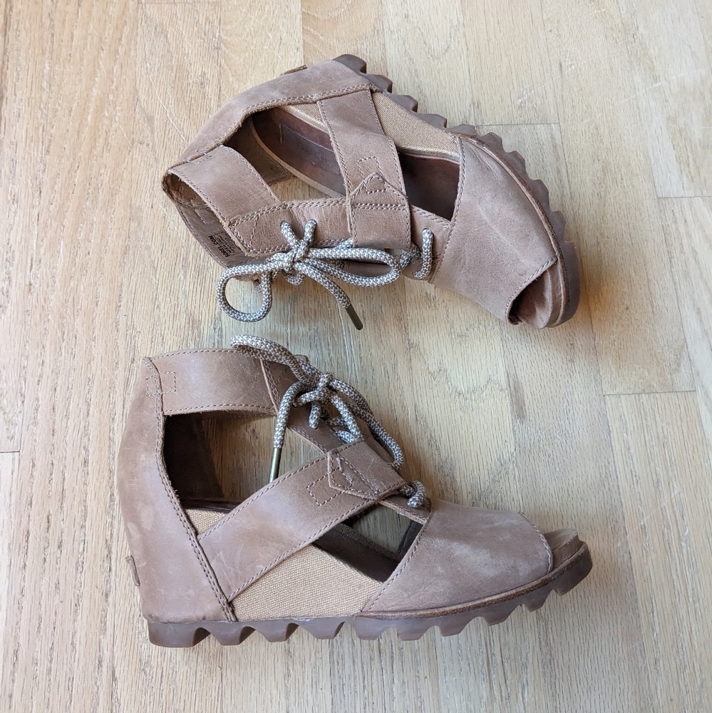 Sorel Brown Suede Open-Toe Wedge Sandals